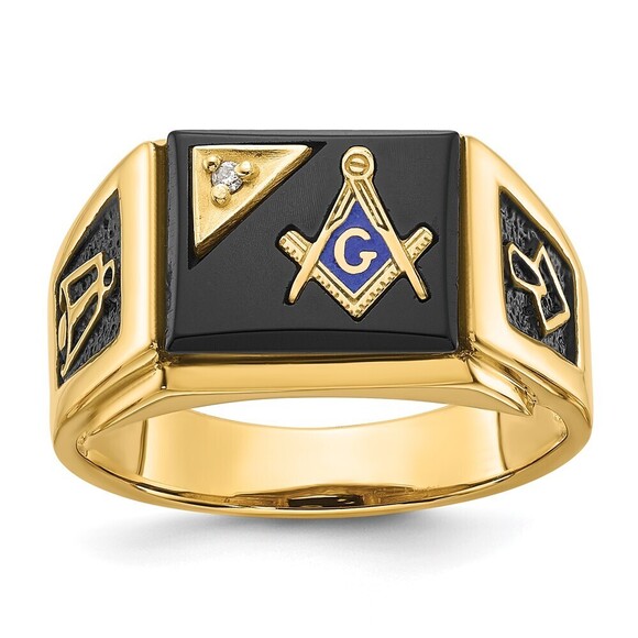 14k Yellow Gold Men's Black Enamel Onyx & AA Quality Diamond Masonic Ring